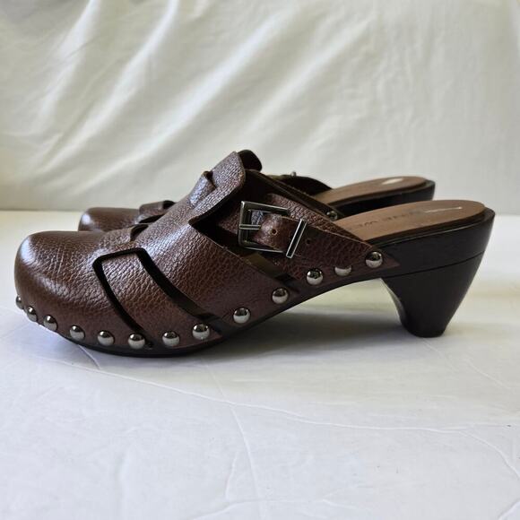 Nine West Brown Leather Clogs Size 6M Studded Buckle Vtg Y2K Boho Western Mules - Picture 5 of 10